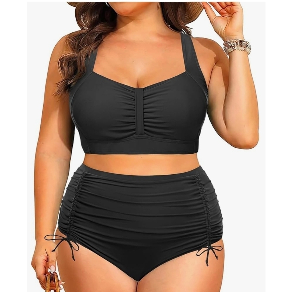DACI - Size 18 Sexy Black Ruched High-Waist Bikini Set